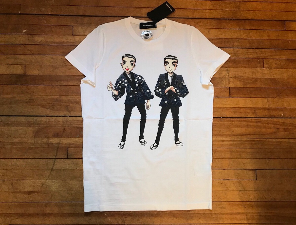 DSQUARED² COOL WHITE ANIME ASIAN TWINS BROTHERS PRINT COTTON T