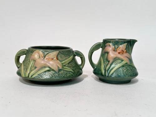 Roseville Pottery Green Zephyr Lily Creamer 7-c and Sugar or Short Vase 7-?