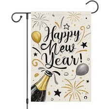 Happy New Year Garden Flag 12x18 Inch Double Sided Burlap 12" 18" White