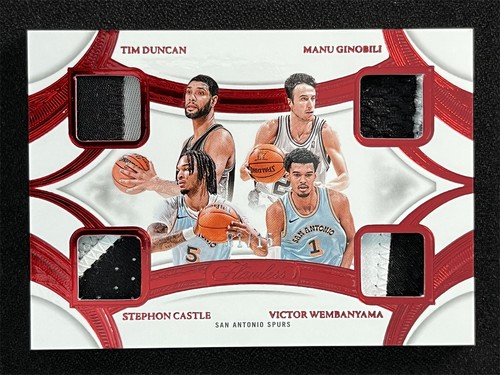 1/15 2024 Flawless Duncan/Ginobili/Castle/Wembanyama JSY# 1/1 Ruby Quad Patch RC