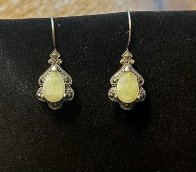 Ross Simons Sterling Silver 925 Green Jade & Marcasite Shepherd Hook Earrings