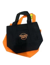 Trader Joe's Mini Halloween Canvas Tote Bag Set of 2 LIMITED ED  Black & Orange
