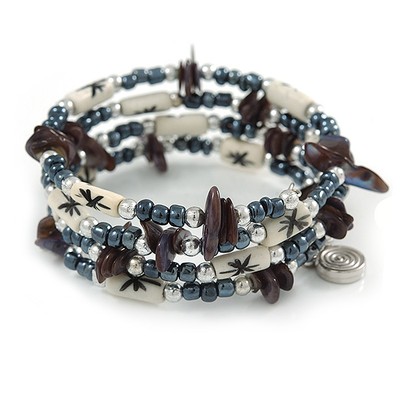 Mehrsträngiges aufgerolltes Glas/Knochen Perlen, Muschel Nugget Flex Armband (Hämatit,