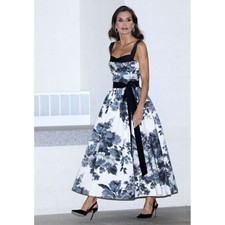 NWOT Carolina Herrera Cotton Floral Tea-Length Dress Sz 10 white grey