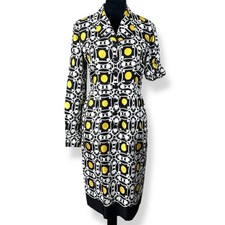 Talbots Pure Silk Shirt Dress Womens Size 4 Black White Yellow Geo