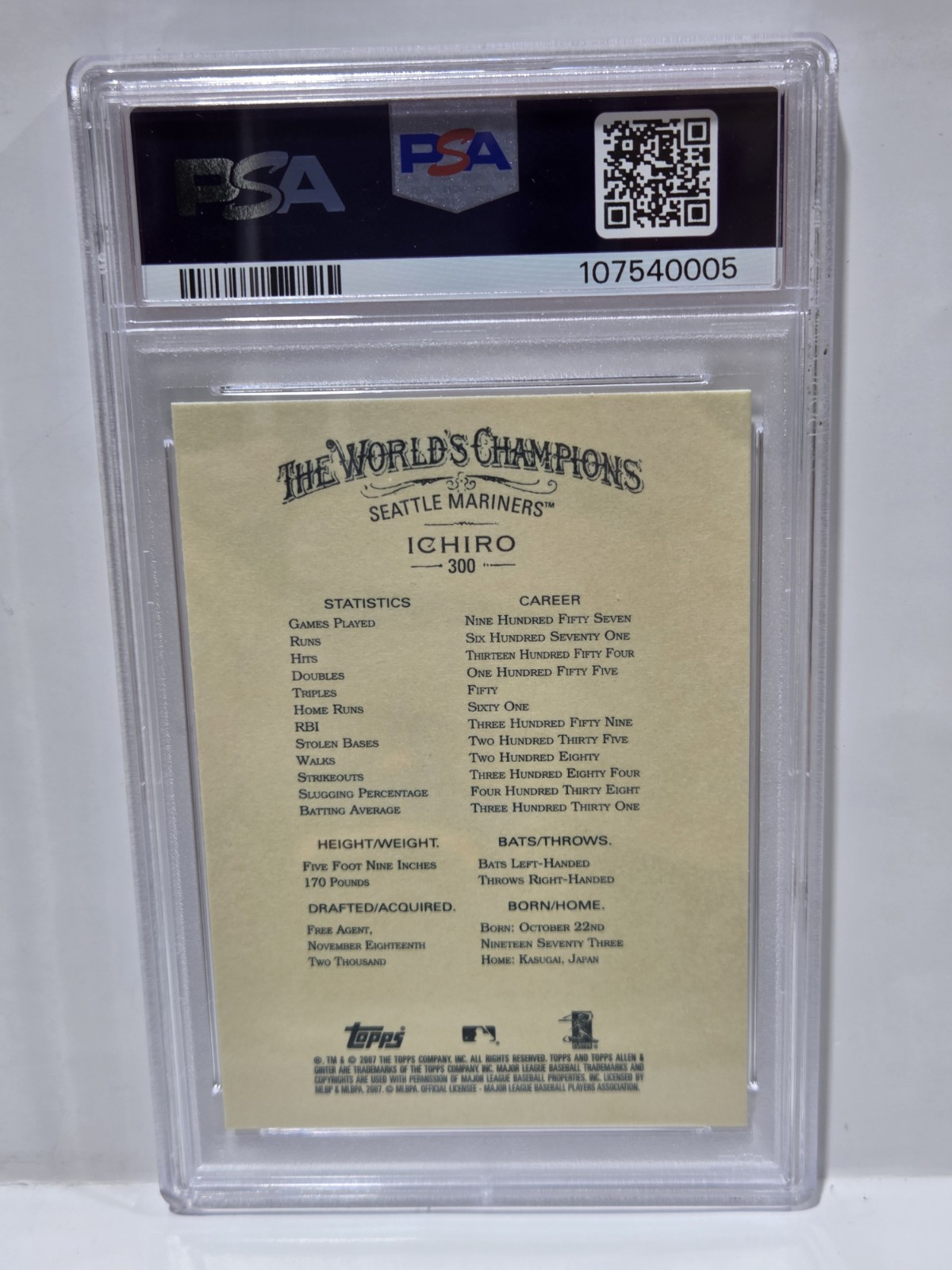 2007 Topps Allen & Ginter Ichiro PSA 10 Gem Mint #300 view 2