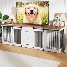 95" Large Dog Crate Furniture TV Stand with 3 Drawers  Sliding Barn Doors