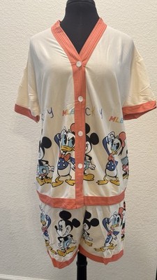 Women s Mickey & Friends 3 pc Pajama Set Coral Beige Button Front V-Neck