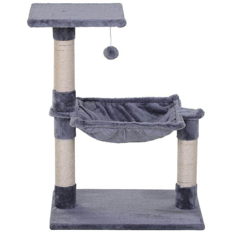 Tiragraffi multilivello per gatti con amaca, pallina, legno e peluche grigio