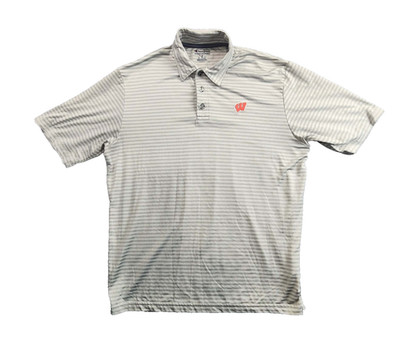 Champion Wisconsin Badgers Polo Shirt Mens Medium Gray Stripe Short Sleeve