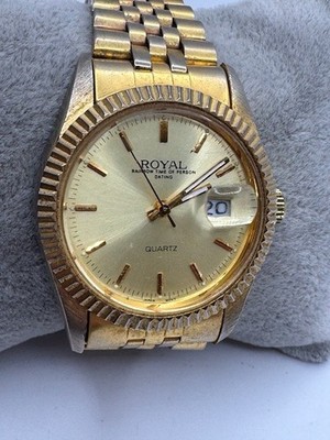 Vintage Men's AXIS Royal Rainbow Time Gold Tone Quartz Date Watch New Battery