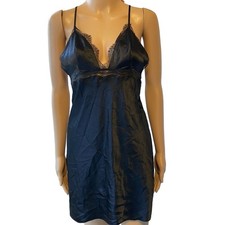 Victorias Secret Black Satin Plunge Lace Babydoll SlipDress Lingerie M DarkFairy