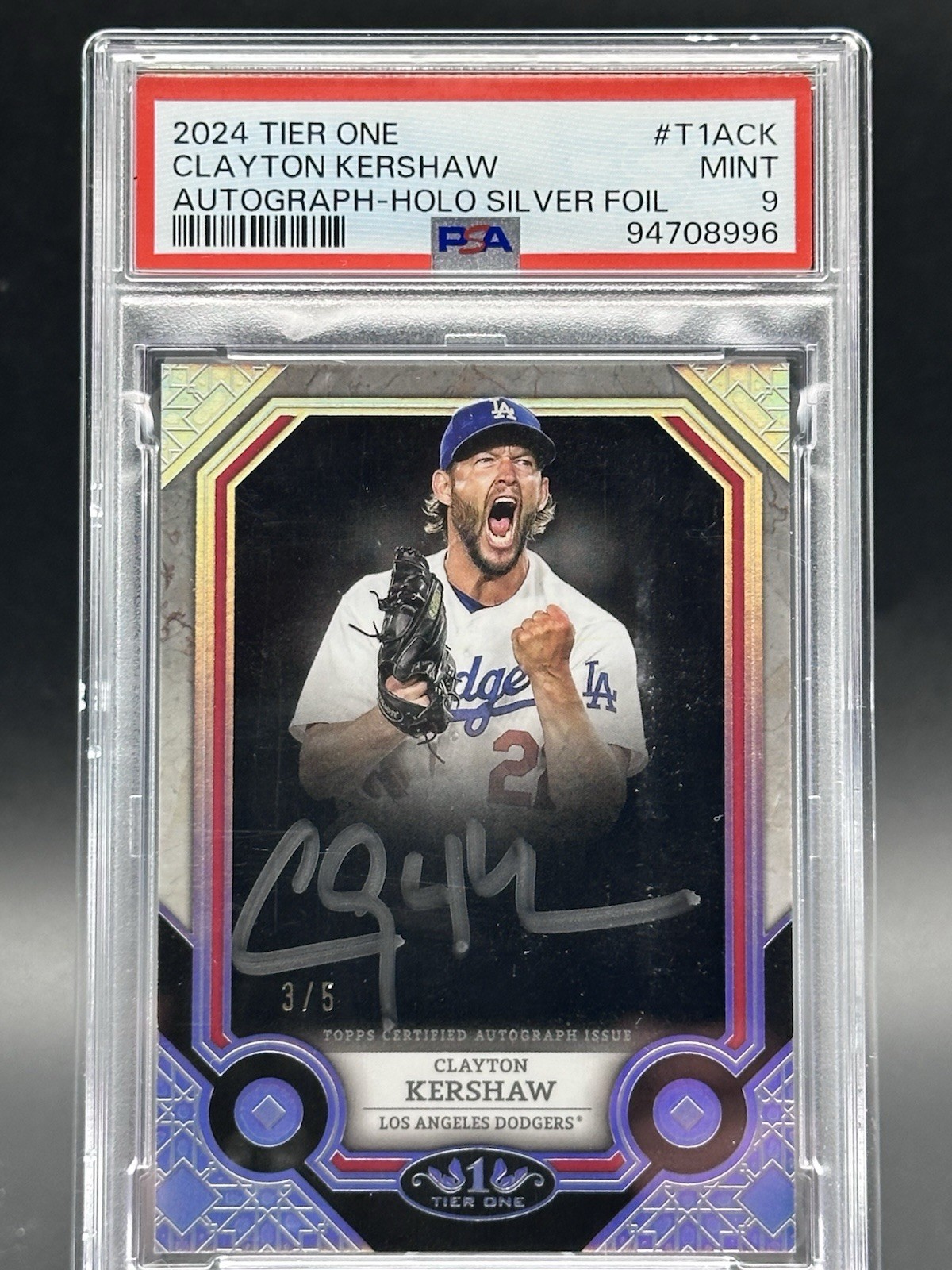 2024 Topps Tier One Clayton Kershaw Silver Foil Auto /5 PSA 9 Pop 1 None Higher view 3