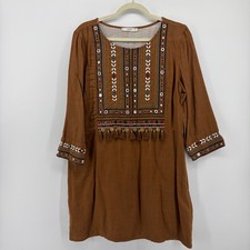 Mango Womens 8 Brown Tunic Dress Embroidered Tassels Coins Boho