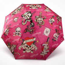 Ed Hardy Tattoo Skull Dagger Compact Umbrella Auto Open Travel Size 42" Pink