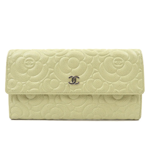 CHANEL Camellia Long Wallet Caviarskin Light Green Silver HDW Authentic