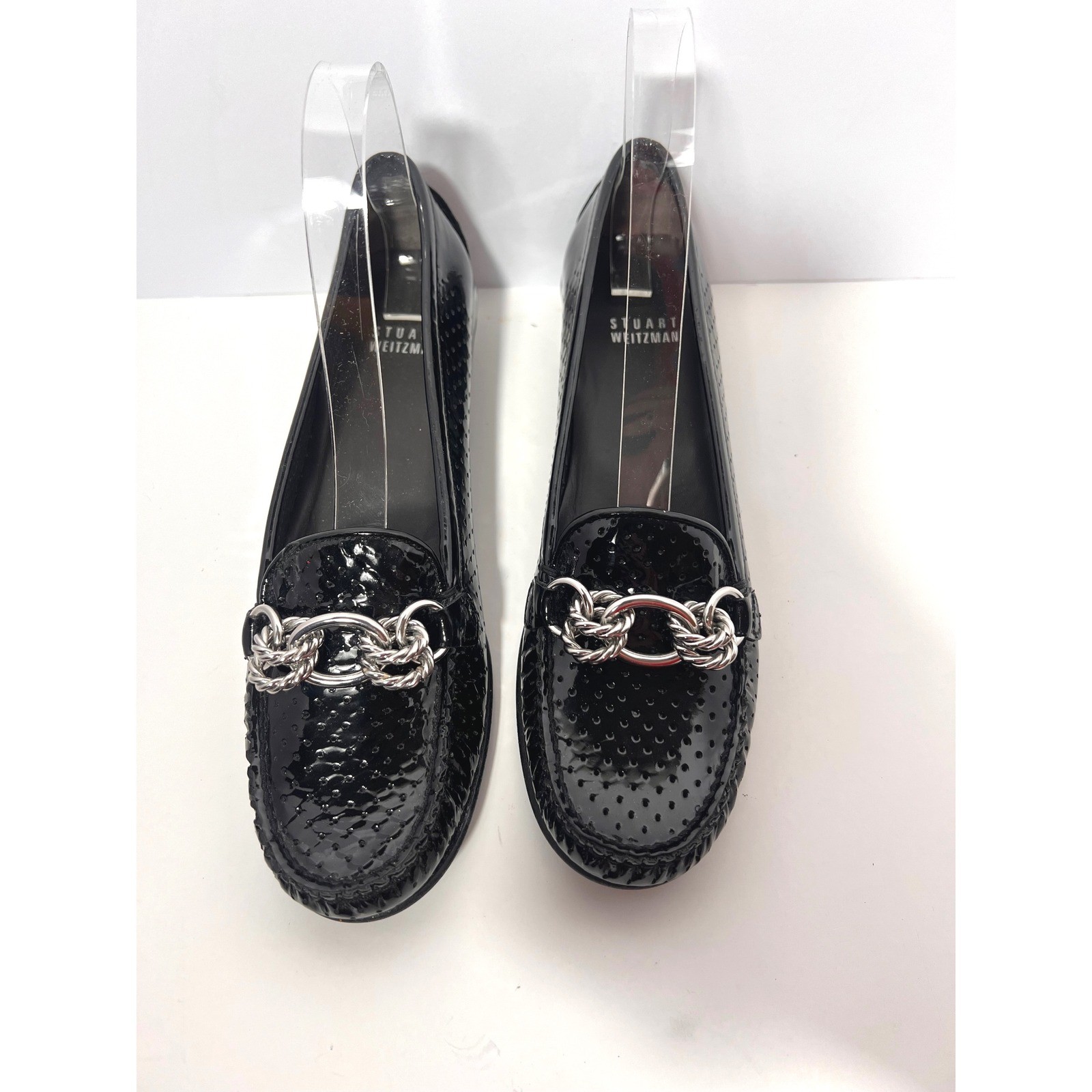 Stuart Weitzman Black Patent Leather Chain Link Loafer Flats