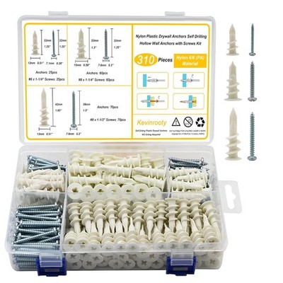 3 Sizes Self Drilling Drywall Anchors, 310PCS Nylon Plastic Wall 3, White 