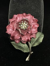 Rose Flower Deep Pink Enamel  Rhinestone Brooch
