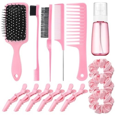 15 Pcs Slick Back Hair Brush Set, Bristle Hair Brush with Spray Pink
