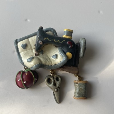 Vintage Artisan Made Resin Sewing Machine Supplies Brooch Articulated Crafters