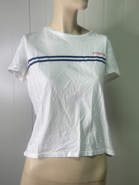 Ally Straya White T-Shirt Navy Stripes Size XS/4 Aussie Slogan Preloved