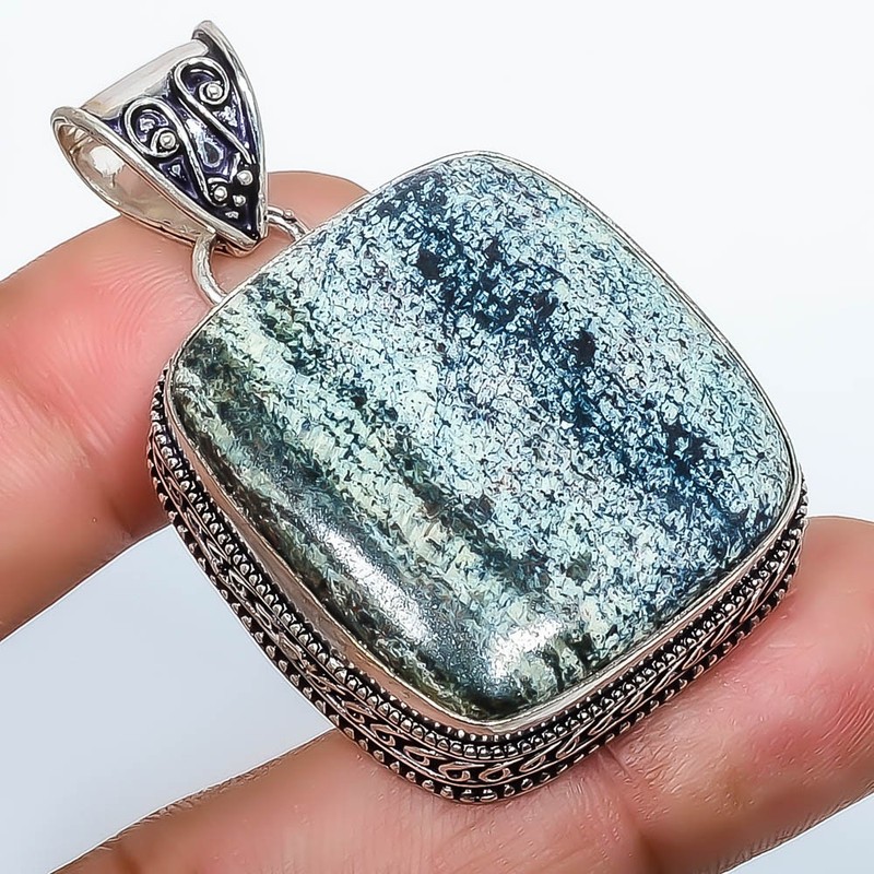 Natural Swiss Green Jasper 925 Silver Plated Fine Art Pendant 1.95" TP3722386