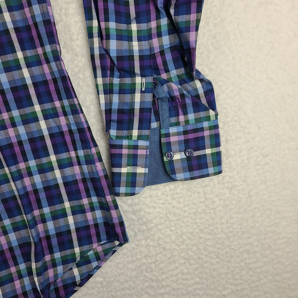 Bugatchi Uomo Shirt Mens XL Blue Purple Green Gray Plaid Dress Button Up - Image 2 of 4
