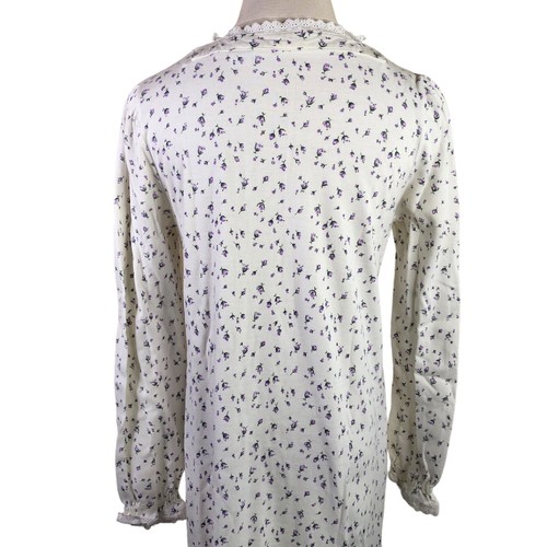 Vintage Modest Long Cotton Flannel Nightgown Womens Medium White Purple Roses - Picture 8 of 9