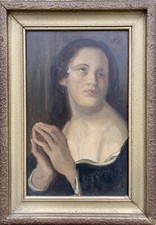 Donna in preghiera immagine sacra ritratto G. Kuhn 1958 quadro olio motivo religioso antico