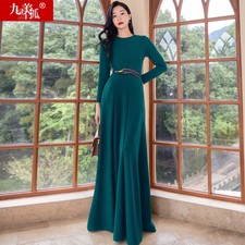 Occident Style Womens Maxi Full length Dresses Round Neck Ladies OL Long Sleeve 