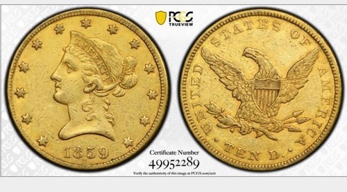 1859 $10 GOLD LIBERTY HEAD EAGLE PCGS XF 45 - Picture 3 of 5