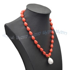 9x13mm Coral Orange South Sea Shell Pearl Teardrop Bead Pendant Necklace 14-32