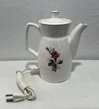 Ucagco Japan Electric Tea Pot Porcelain White w/ Pink Roses 6" Tested Vintage