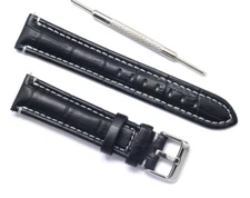 20mm Black/White Alligator Grain Leather Watch Band With Spring Bar Remover Tool