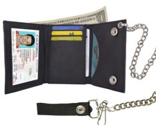 Black Genuine Leather Men's Biker Wallet Trifold Chain Motorcyclist ID Card New
