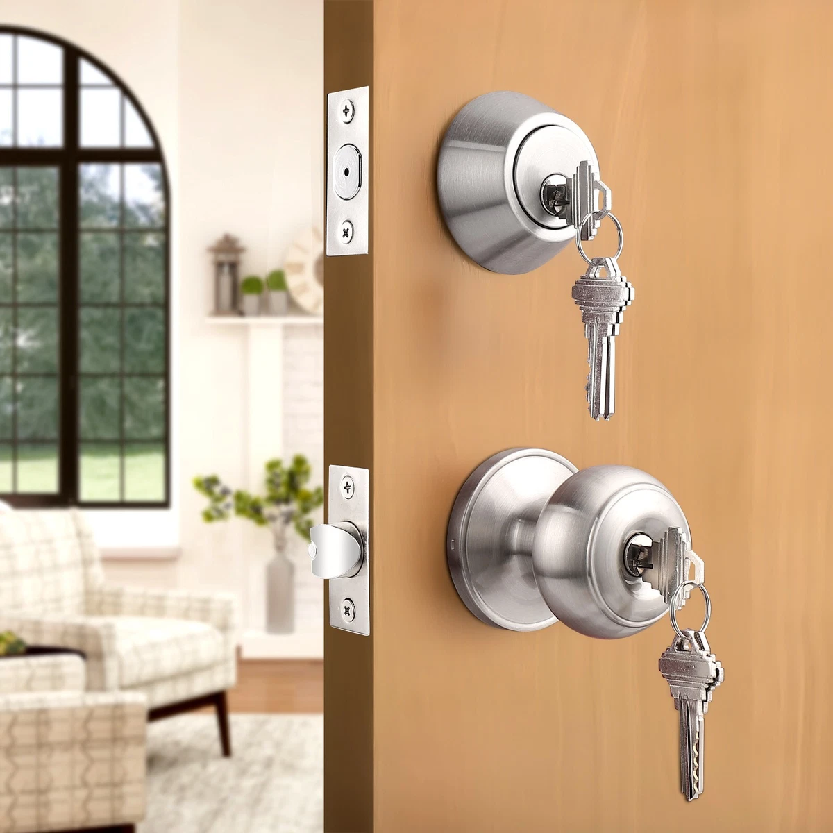 Exterior Front Entry Door Handle Lock Set Round Knob Keyed alike Single  Deadbolt