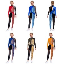 Kids Girls Unitard Full Body Bodysuit Sparkly Leotard Ice Skating Jumpsuit Mesh