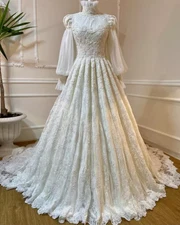 Pretty Lace Muslim Wedding Dress for Bride Long Puffy Sleeve High Neck Arabic=-=