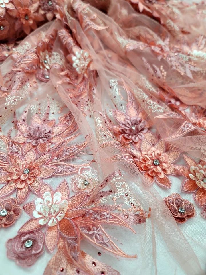 Coral Lace Embroidery 3d Floral Flowers Embroidery Prom Fabric Sold By The Yard  - Image 2 of 4