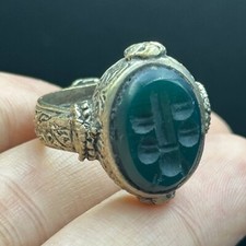 Very unique ancient Roman brass silver coated intaglio jade ring