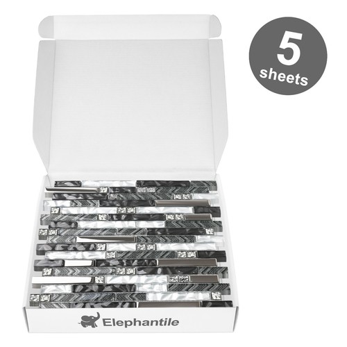 5 fogli piastrella backsplash per cucina, piastrella mosaico vetro argento nero ad incastro - Foto 2 di 10