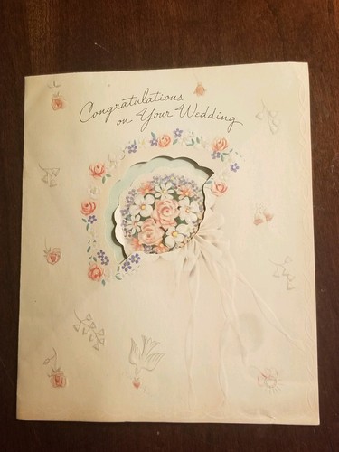  VINTAGE 1940S WEDDING WISH GREETING CARD pop-up bouquet flowers bride groom  - Picture 2 of 4