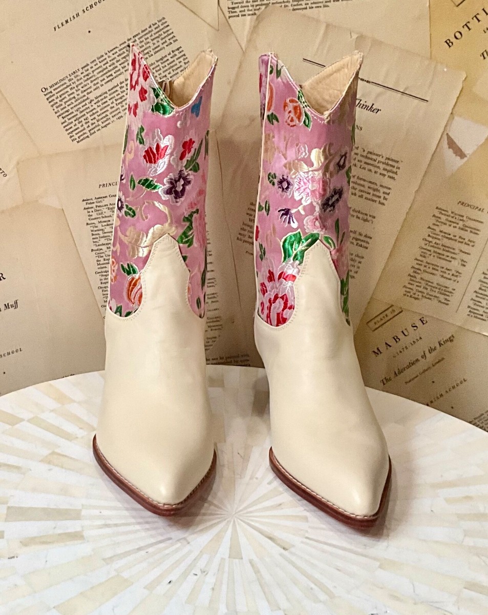 Free People MOMO Selina Embroidery Western Boot Floral Silk Ivory