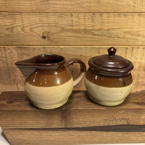 Vintage Stoneware 3 tone brown design sugar With Lid and creamer 4” tall - Picture 1 of 14