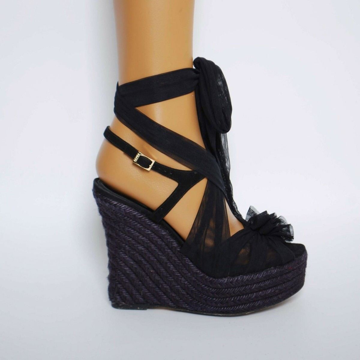 【Fendi】 Thick Platform Sandals FENDI High Wedge Heels Sandals Black Textile Platform Pumps