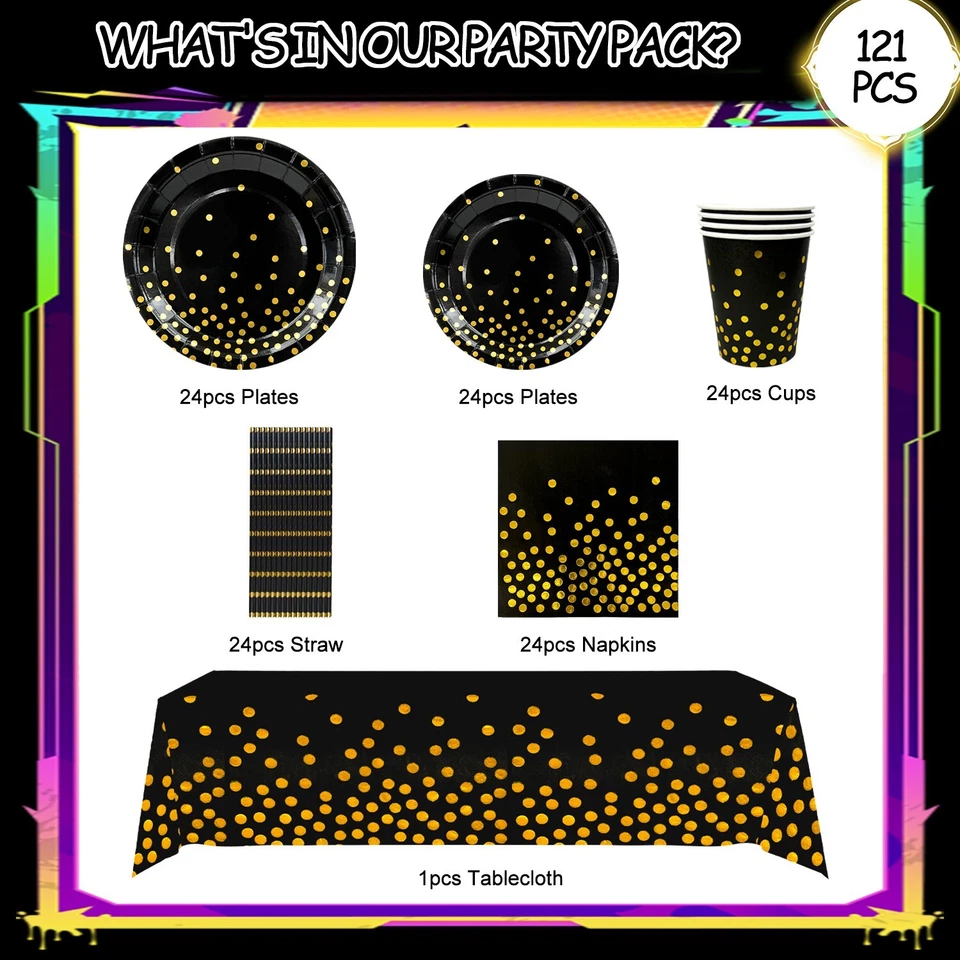 Decoraciones de fiesta de cumpleaños dorado negro, juego de vajilla de fiesta de boda para 24 invitados Foto 2 de 4