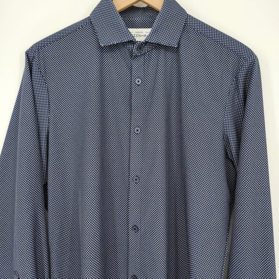 Camisa social masculina Mizzen+Main com acabamento de sotavento ajuste pequeno desempenho azul marinho ponto branco - Imagem 3 de 4