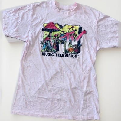 MTV Graphic T Shirt Pink Mushroom Logo Music Television Psychedelic Tee Size M
