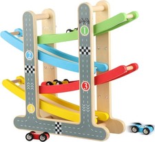 Jacootoys Wooden Car Ramp Toy with 4 Mini Cars Zigzag Click Clack Racing Track 